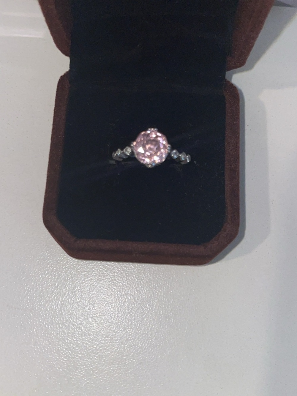 Pink rose cut cubic zirconia diamond Solitaire Ring in Silver-Tone Setting